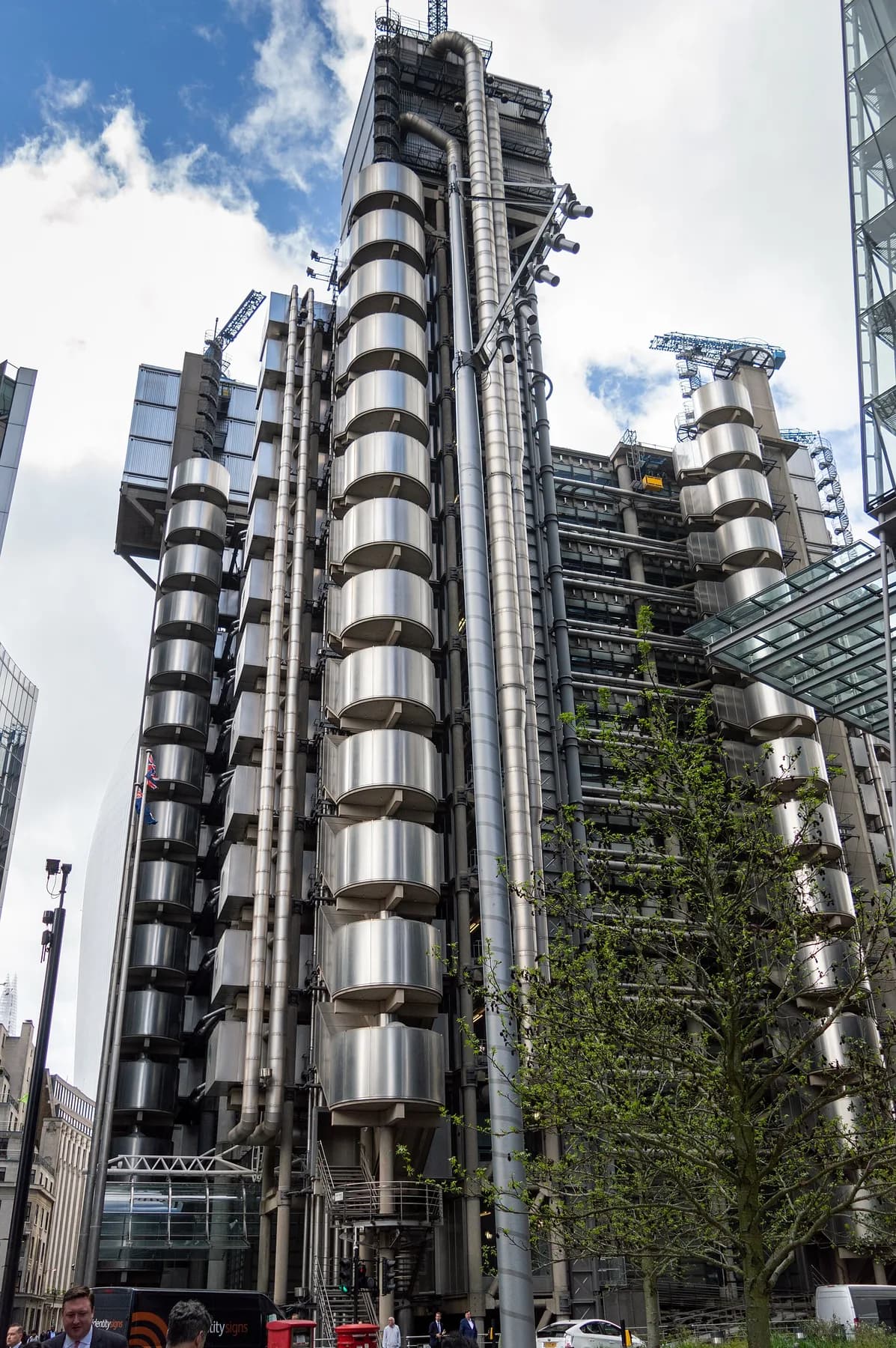Straight view of the exposed lifts and steel services of the Lloyd’s Building in London