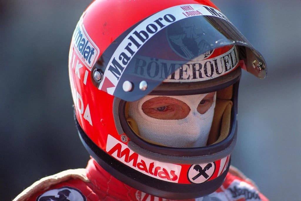 Niki Lauda wearing his racing helmet